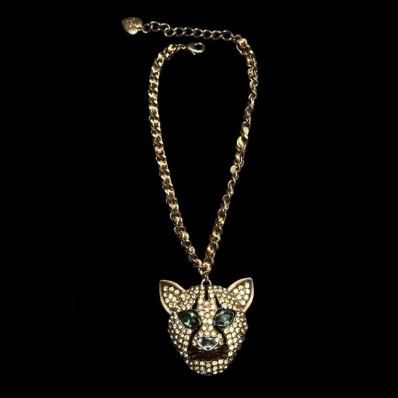Betsey Johnson HUGE Leopard Panther Cat Head Bronze Crystal Necklace - Picture 4 of 8